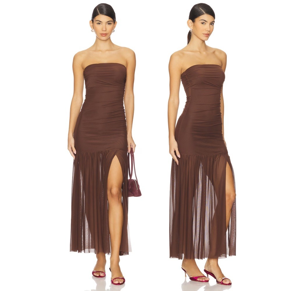 NIA Nola Dress Espresso Brown Medium Strapless‎ Mesh Maxi